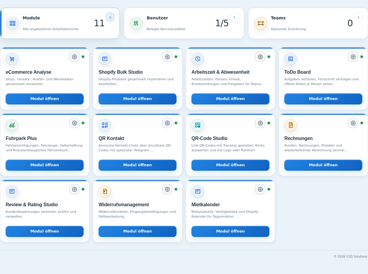 G3D Unternehmensportal mit allen elf Modulen: eCommerce Analyse, Shopify Bulk Studio, Arbeitszeit und Abwesenheit, ToDo Board, Fuhrpark Plus, QR Kontakt, QR-Code Studio, Rechnungen, Review und Rating Studio, Widerrufsmanagement und Mietkalender. Ansicht mit Beispieldaten.