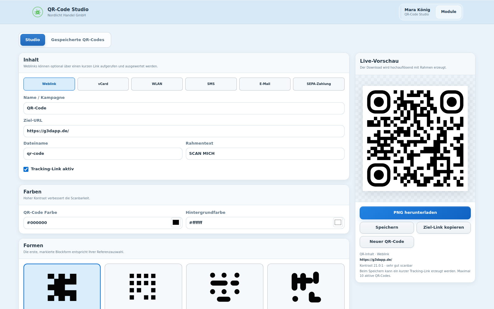 QR-Code Studio – Originalansicht mit Beispieldaten