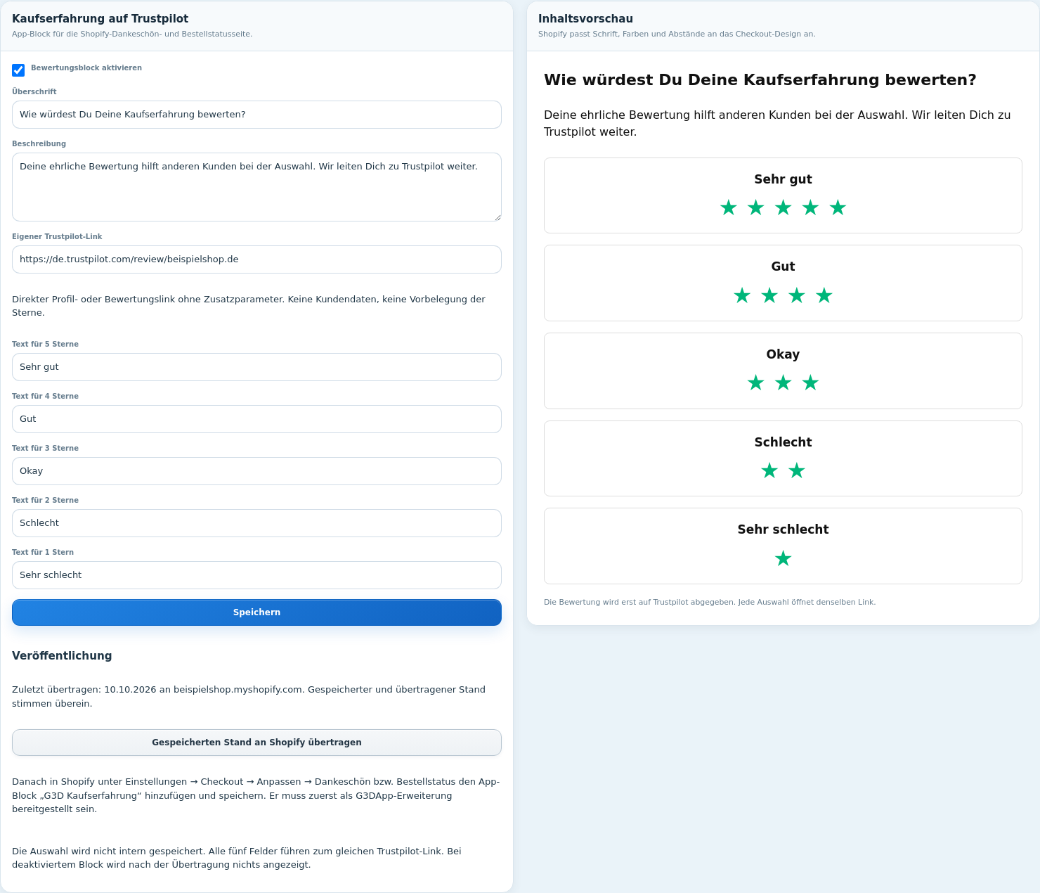 Originale Konfiguration des Dankeschön-Blocks mit Beispieltexten, eigenem Trustpilot-Link und Veröffentlichungseinstellungen