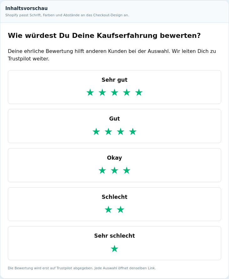 Echte Inhaltsvorschau des Dankeschön-App-Blocks mit eigenen Beispieltexten und fünf Sterne-Auswahlen