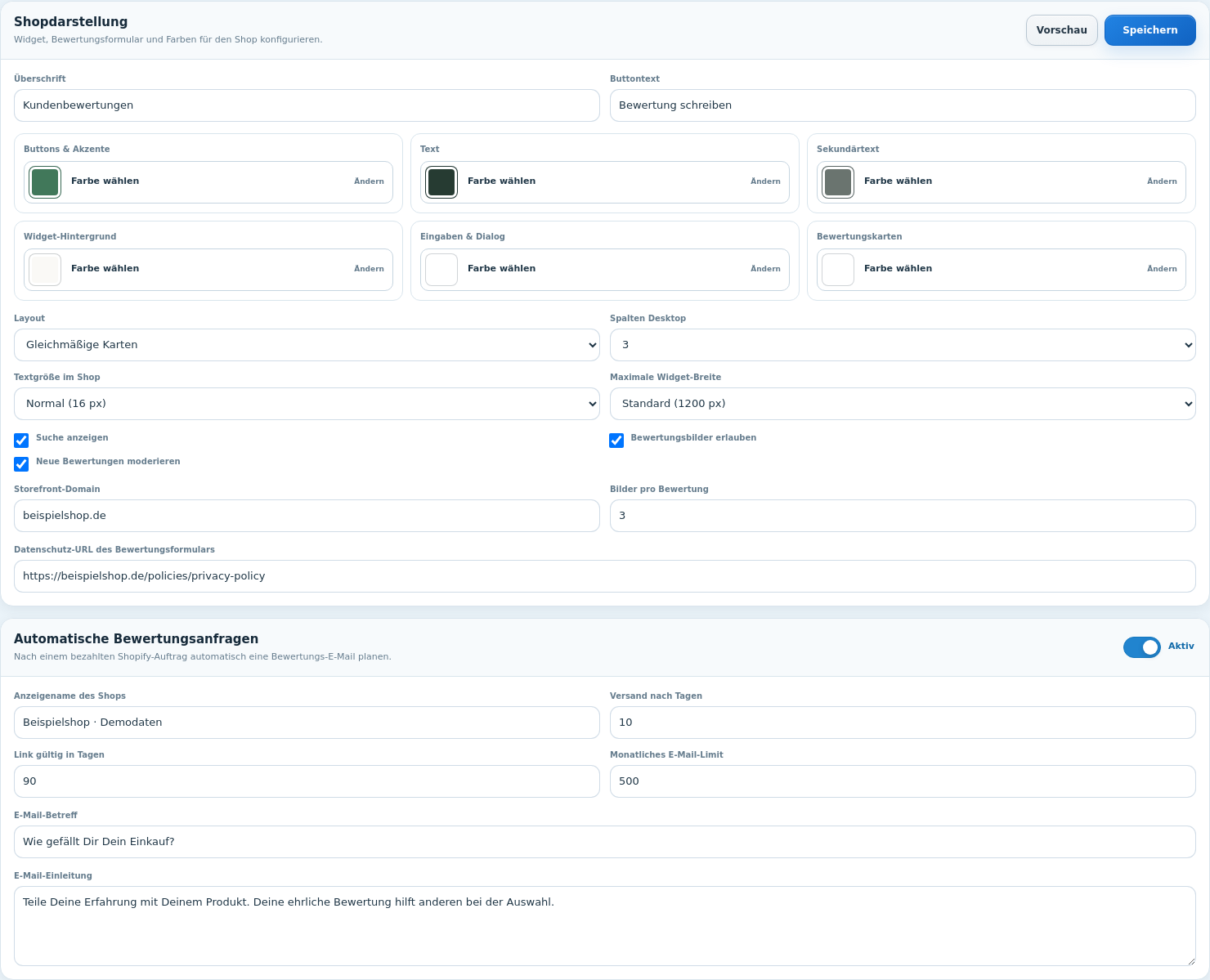 Review Studio Einstellungen für Farben, Widget-Layout und automatische Bewertungs-E-Mails mit Beispielwerten