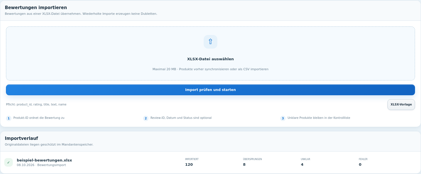 Originaler XLSX-Import mit Dateiauswahl, Vorlage und einem fiktiven Importverlauf