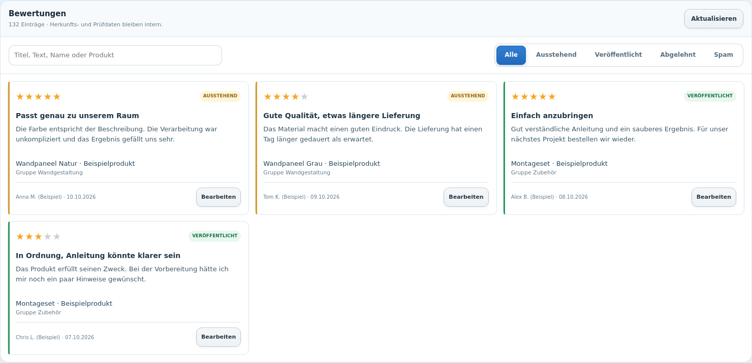 Review Studio Bewertungsverwaltung mit Suche, Statusfiltern und Beispielen für ausstehende sowie veröffentlichte Bewertungen