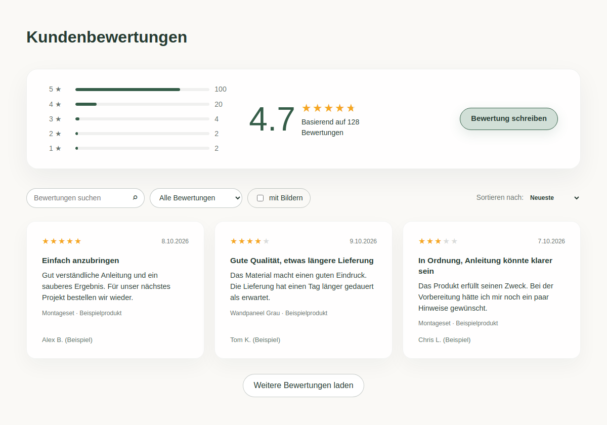 Originales Shop-Widget mit Sterne-Verteilung, Suche, Filtern und fiktiven Produktbewertungen