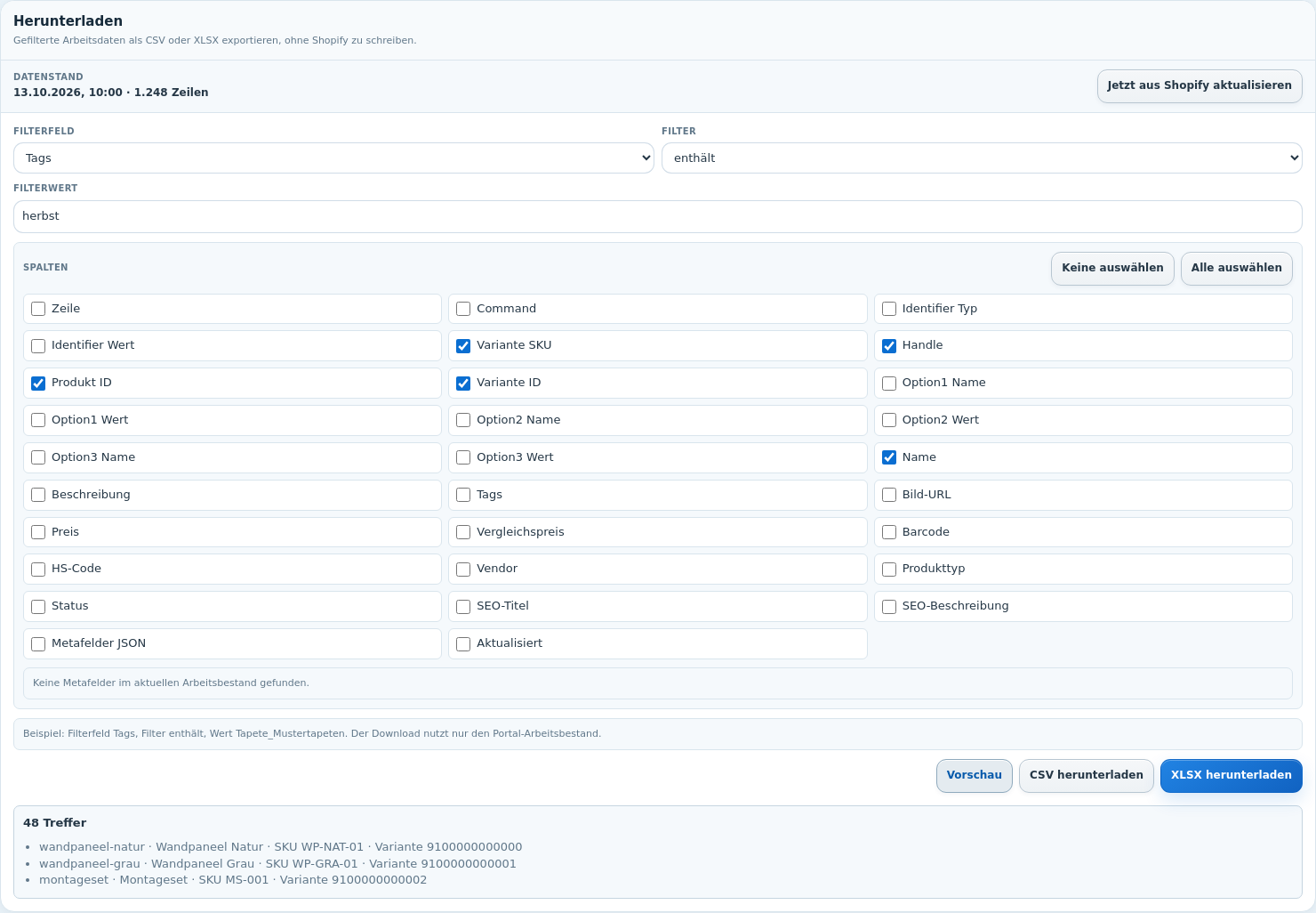 Originale Exportauswahl mit CSV, XLSX, Standardfeldern, Metafeldern und gefilterter Beispielvorschau