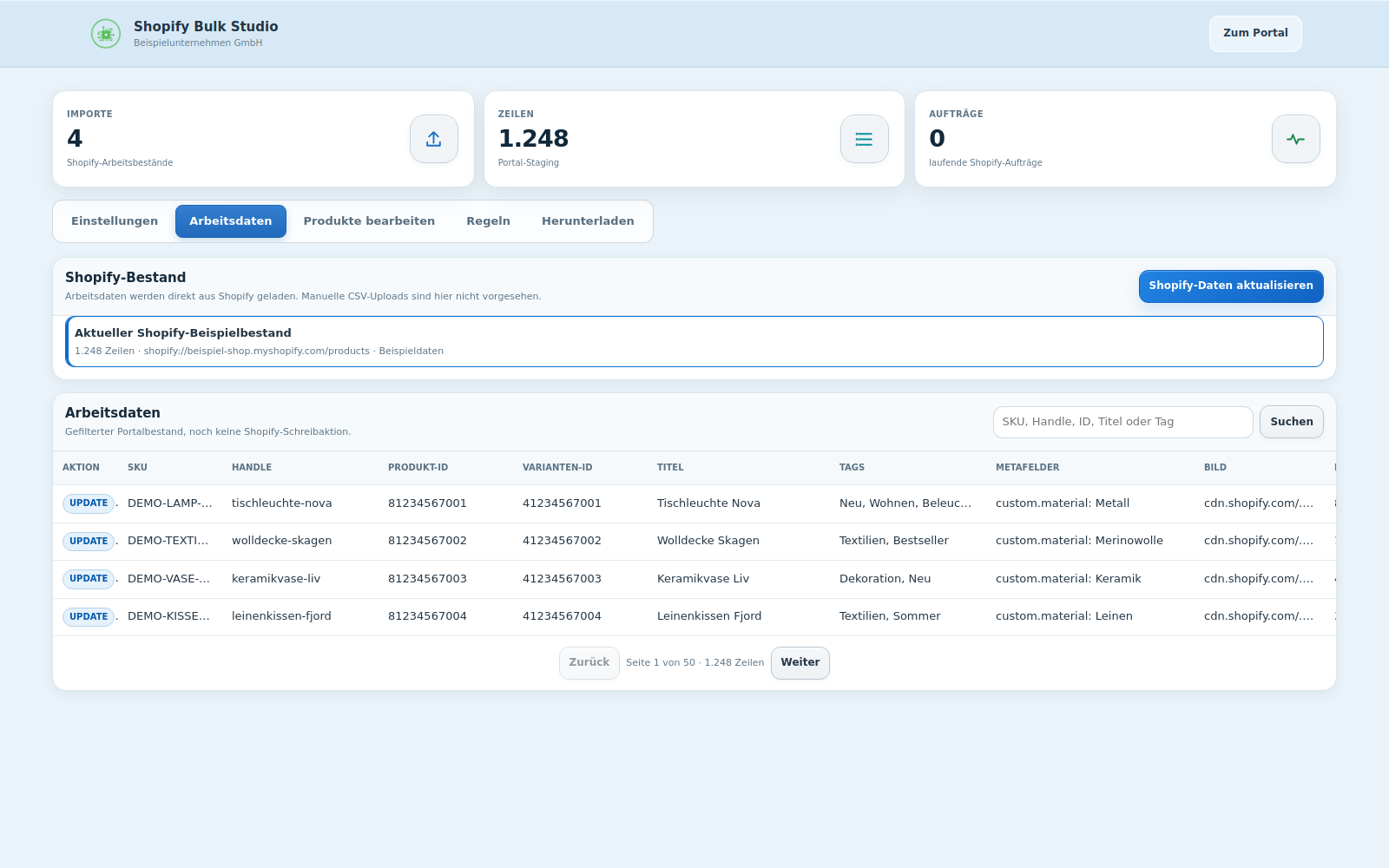Shopify Bulk Studio – Originalansicht mit Beispieldaten
