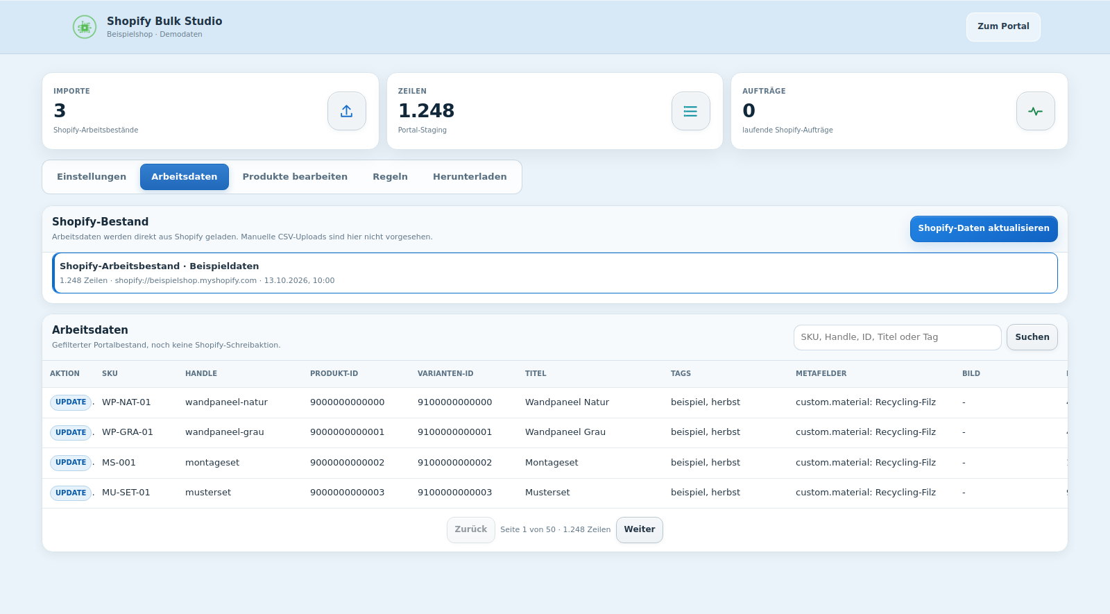 Shopify Bulk Studio mit Importübersicht, Navigation und Arbeitstabelle anhand fiktiver Produktdaten
