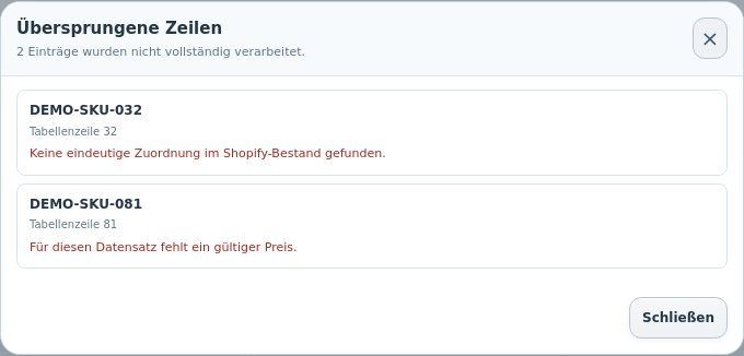 Originale Detailansicht mit zwei fiktiven Hinweisen zu nicht eindeutiger SKU und ungültigem Preis