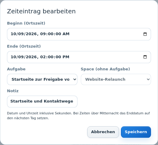 Originaler Worklane-Bearbeitungsdialog für einen fiktiven abgeschlossenen Zeiteintrag mit Datum, Uhrzeit, Aufgabe und Notiz