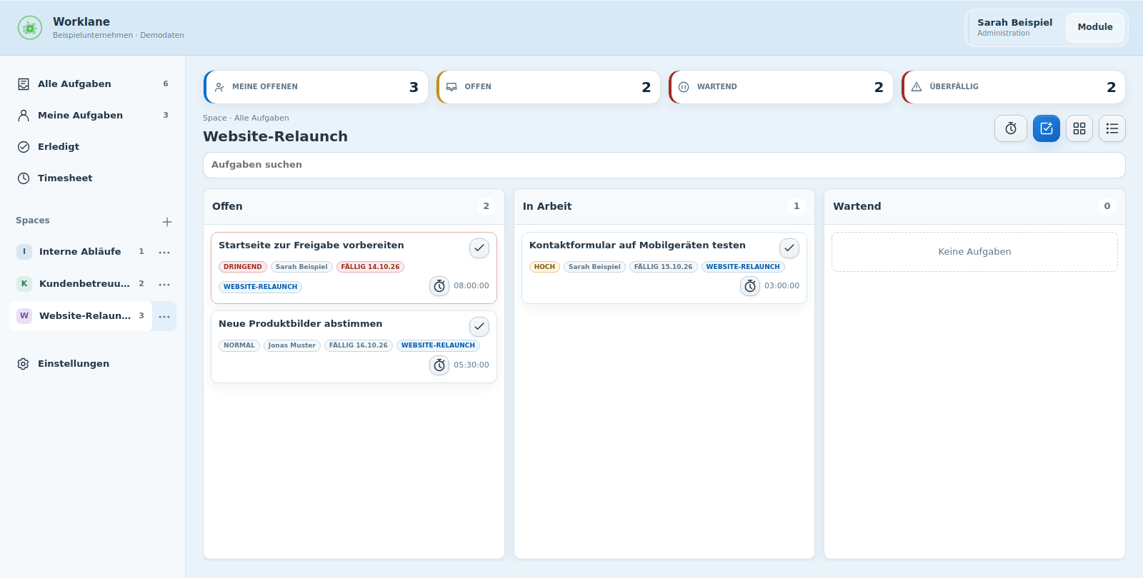 Worklane mit ausgewähltem Beispiel-Space Website-Relaunch, Seitenleiste und zugehörigem Aufgabenboard