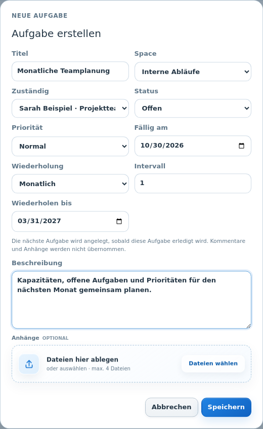 Originales Worklane-Aufgabenformular mit monatlicher Teamplanung, Verantwortlicher, Fälligkeit und Wiederholungsende