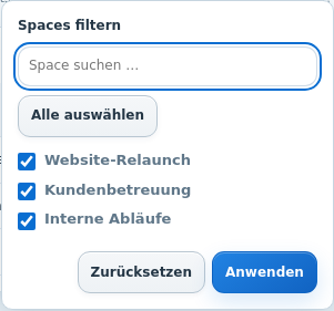 Originaler Worklane-Timesheet-Space-Filter mit Suche und Mehrfachauswahl für drei fiktive Projekte