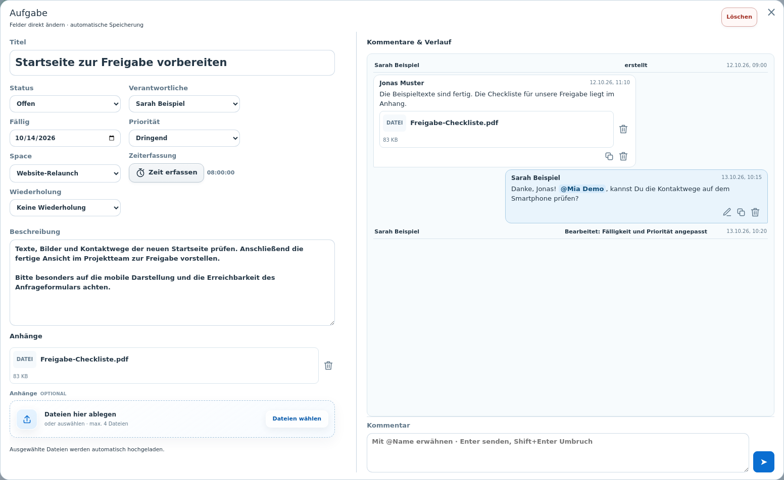 Originale Worklane-Aufgabe mit Beschreibung, Priorität, Fälligkeit, PDF-Anhang und fiktivem Kommentarverlauf