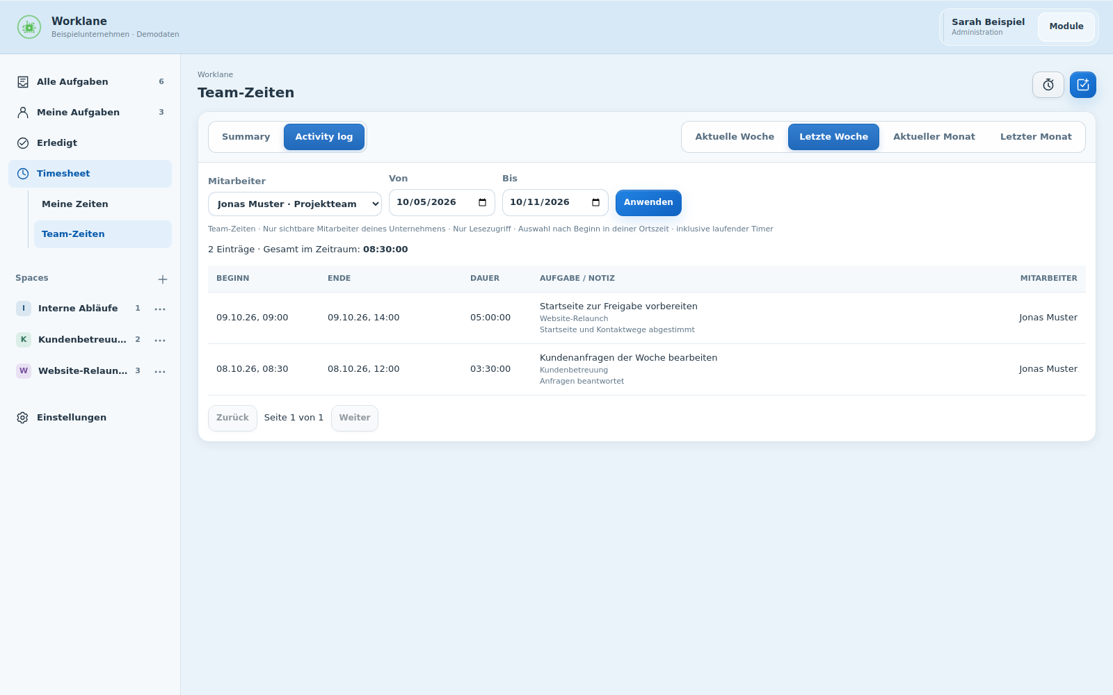 Originales Worklane-Team-Activity-log mit ausgewähltem fiktivem Mitarbeiter, Zeiten, Aufgaben und Notizen ohne Bearbeitungsaktionen