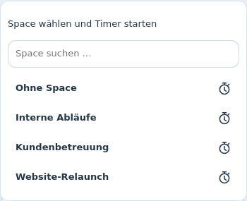 Originales Worklane-Timermenü mit Projektauswahl für die Zeiterfassung anhand fiktiver Projektnamen